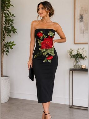 Strapless Black Midi Bodycon Dress Red Floral Embroidery Tube Dress Many Many